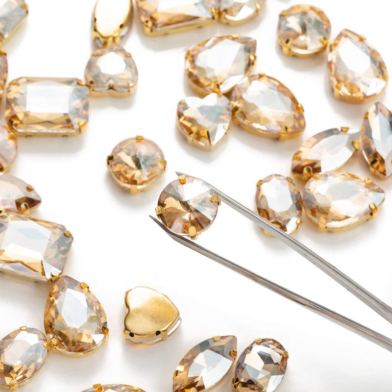 Choupee 48PCS Mixed Shapes Flatback Sew On Glass Rhinestone Sewing Claw Rhinestone for Craft, Clothes, Garments, Dress, Earring, Belt and Shoes (Champagne, Gold Claw) - Image 3